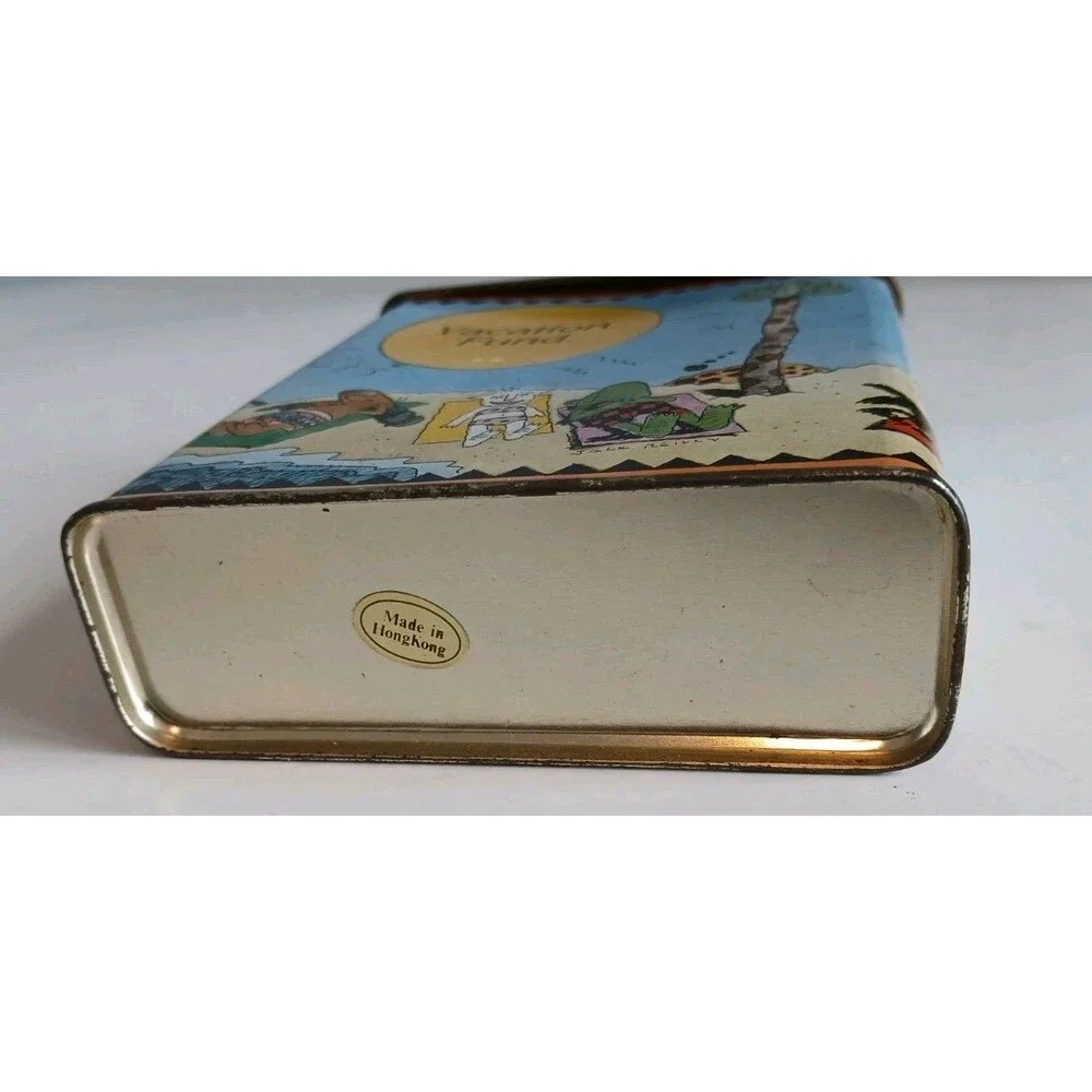 Vintage Tin Metal Coin Bank Vacation Fund Bandaid Box Shape